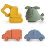 Set of four colourful bath toy vehicles on a white background
