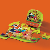 Children's puzzle with animal illustrations on an orange background