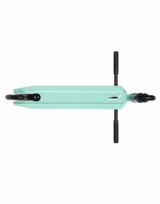 Underside of a Mint green scooter with black wheels on a white background