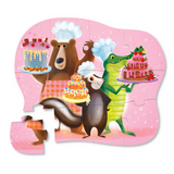 Children's puzzle with cartoon animals holding cakes on a pink background