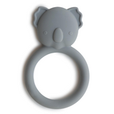 Gray koala-shaped teething ring on a white background
