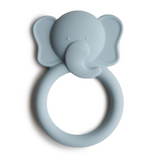 Blue elephant-shaped teething ring on a white background