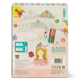 Children's craft kit packaging with illustrations of tiaras, markers, and a girl wearing a tiara on a white background.