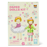 Packaging of the TIGER TRIBE Paper Dolls Kit - Vintage featuring illustrations of two paper dolls in vintage clothing, with floral and star decorations, and the text 'Contains 2 paper dolls, 24 pages of colored clothes, 18 pages of black and white clothes, 4 pages of stickers, 12 color pencils'.