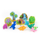 Colorful dinosaur toys with a small diorama on a white background