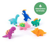 Set of colorful dinosaur figurines on a white background with a green circle indicating '6 Characters to Create'.
