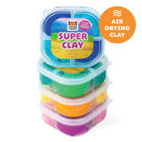 Stack of Tiger Tribe Super Clay containers with colorful air-drying clay inside on a white background.