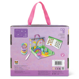 Toy packaging with colorful toys and a pink handle on a white background