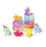 Colorful unicorn-themed toys and Super Clay packaging on a white background