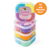 Stack of colorful air drying clay containers with 'Tiger Tribe' branding on a white background.