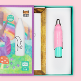 Pink and teal drawing tool with packaging on a pink background