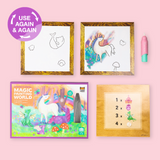 Set of children's art supplies including coloring pages, a marker, and a book on a pink background.