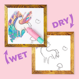 Unicorn illustration with wet and dry labels on a pink background
