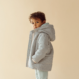 Side view of boy wearing WILSON & FRENCHY Fern Check Puffer Jacket