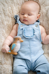 Baby sleeping with TIKIRI Rubber Kookaburra Australian Animal