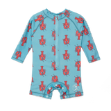 Blue baby swimsuit with red lobster pattern on a white background