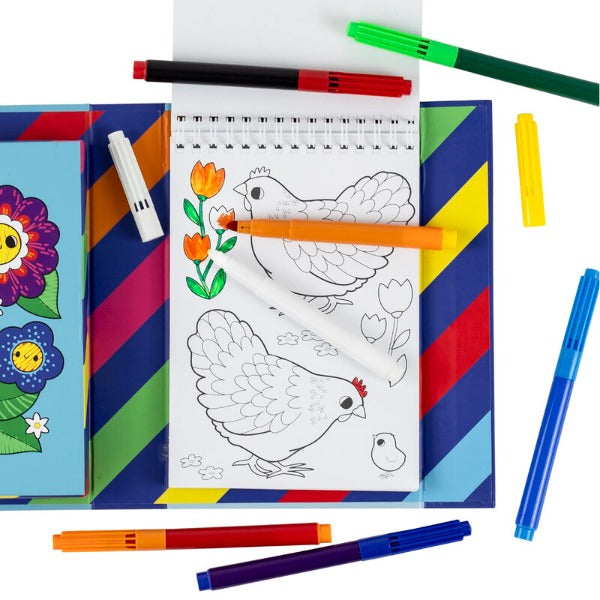 Open page to chickens colouring in the TIGER TRIBE Colour Change Colouring Set - Garden Friends