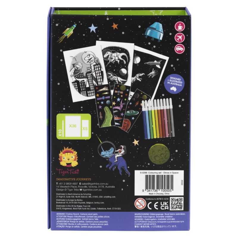 Back cover of TIGER TRIBE Colouring Set - Dinos in Space
