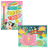 Two colorful illustrations featuring fish, children, and a bridge with a pink flower.
