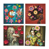 Four colourful illustrations of women with flowers and animals on a white background