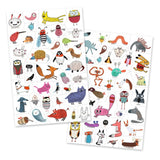 Two sheets of colourful animal stickers on a white background