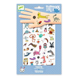 Packaged tattoos with cartoon designs on a blue polka dot background, featuring the brand 'Djeco'.