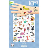 Packaging of temporary tattoos with cartoon animals on a blue background, featuring the Djeco brand.