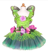 Green fairy costume with pink flowers and butterfly wings on a mannequin against a white background