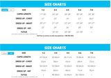 Size chart for children's clothing with measurements in inches and centimeters.
