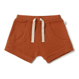 Rust coloured shorts with drawstring on a white background