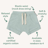 Sage coloured shorts with text describing features on a white background