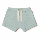 Sage coloured ribbed shorts with drawstring on a white background
