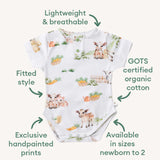 Baby onesie with animal print and certification details on a white background