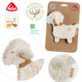 Plush lamb toy with packaging and branding on a white background