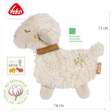 Plush toy sheep with crinkly paper texture, featuring the brand 'fehn'.