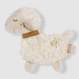 Plush toy sheep with brown collar on a white background