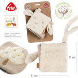 Baby soft toy book with sheep design on a brown packaging, featuring the brand 'fehn'.
