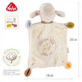 Plush toy sheep with 'Dream Big Little One' text on a white background, featuring the Fehn brand.