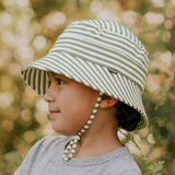 Side view of child wearing BEDHEAD HATS Kids Classic Bucket Sun Hat - Khaki Stripe