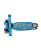 Blue scooter with 'maxi micro' branding on a white background