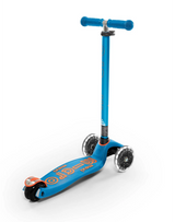 Blue children's scooter with LED wheels on a white background