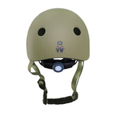Green helmet with black straps on a white background