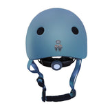 Blue helmet with black straps on a white background