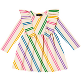 Cream base dress with shoulder/chest frills and purple, pink, blue, green & yellow stripes