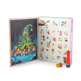Open Advent Calendar with Christmas-themed illustrations and a torch projector and discs on a white background