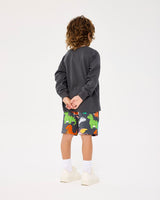 Back view of Plain black ROCK YOUR BABY DINO STACK LONG SLEEVE T-SHIRT and multi-coloured dinosaur shorts