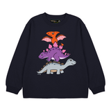 Black long sleeve tee with red, purple and grey stacked dinosaurs print on front