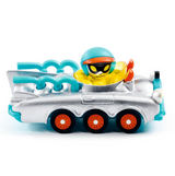 Toy car with a character in a helmet on a white background