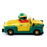 Toy car with a character wearing a helmet on a white background