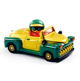 Toy car with a character inside on a white background